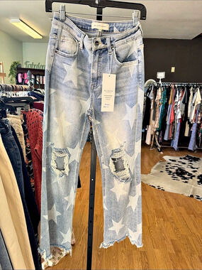 Risen Jeans High Rise Star Printed Frayed Hem Jeans
